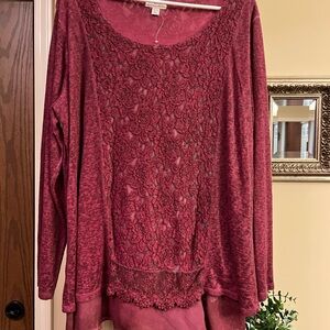 Chic Burgundy Lace Long Sleeve Blouse